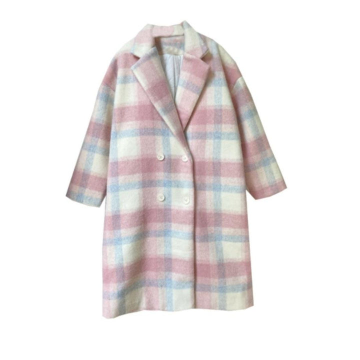 Damira - Manteau Femme Croisé en Laine Mélangée à Motif Carreaux Pastel