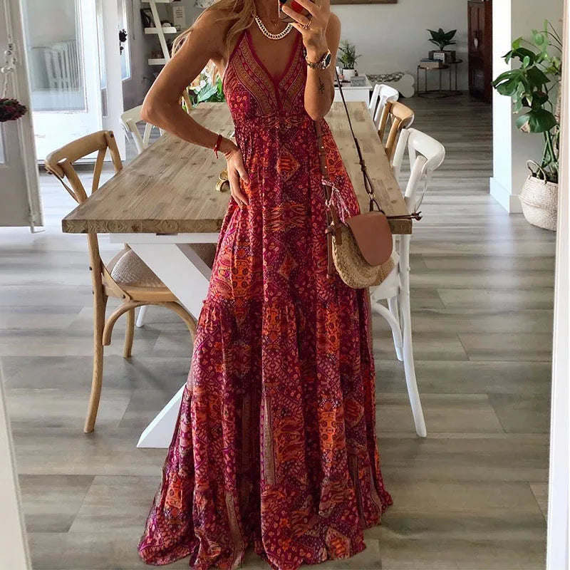 Robe maxi bohème à fleurs taille haute pour femmes