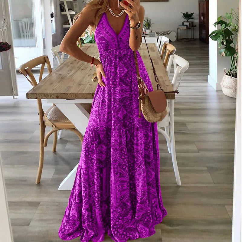 Robe maxi bohème à fleurs taille haute pour femmes