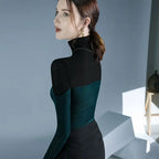 Pull Élégant en Velours Patchwork avec Col Roulé