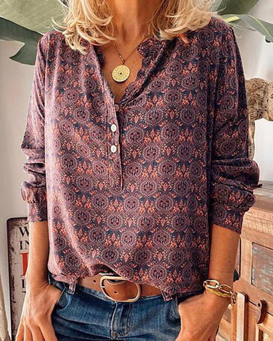 Blouse Rétro à Manches Longues avec Imprimé Vintage