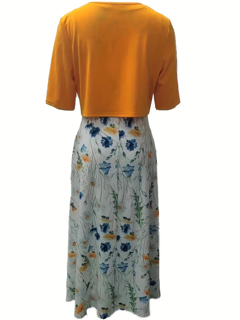 Ensemble Élégant de Robe Florale à Deux Pièces avec Top Court Uni et Col Rond