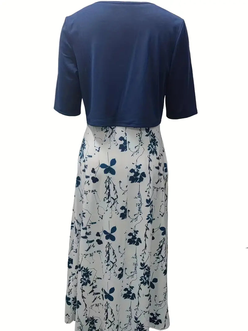 Ensemble Élégant de Robe Florale à Deux Pièces avec Top Court Uni et Col Rond