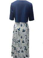 Ensemble Élégant de Robe Florale à Deux Pièces avec Top Court Uni et Col Rond