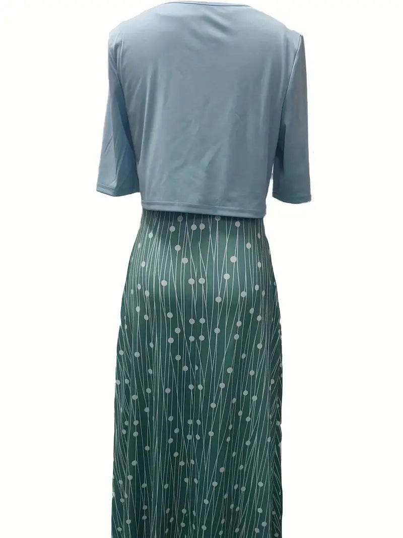 Ensemble Élégant de Robe Florale à Deux Pièces avec Top Court Uni et Col Rond