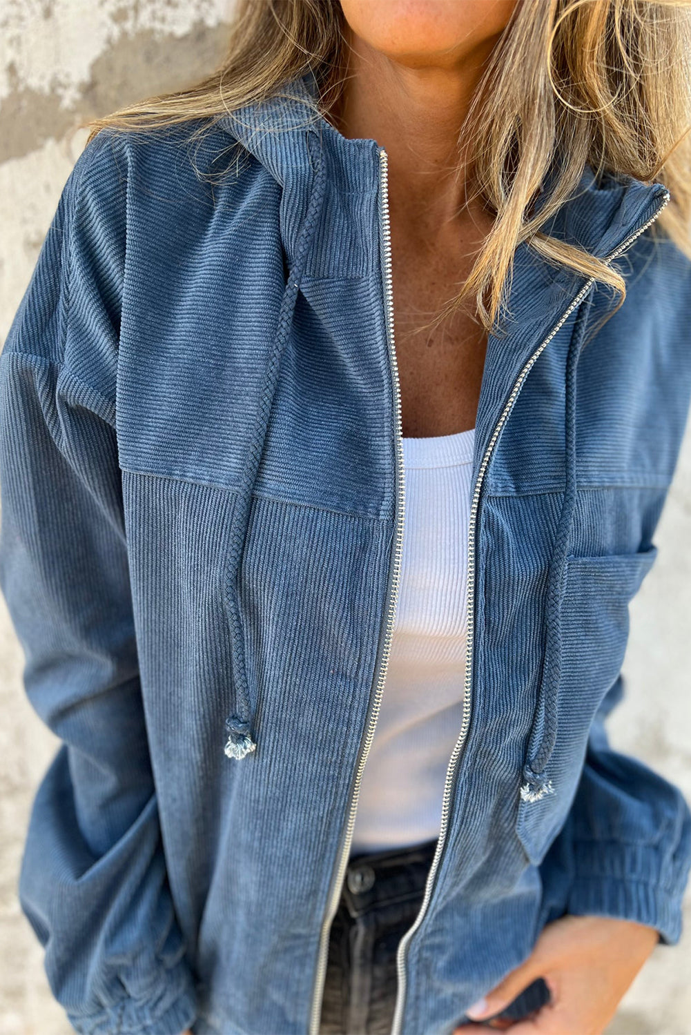 Veste Teal à Capuche avec Zip et Cordon de Serrage