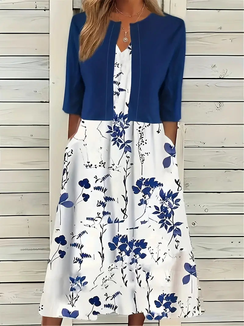 Ensemble Élégant de Robe Florale à Deux Pièces avec Top Court Uni et Col Rond