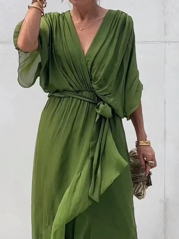 Robe d'Été en Chiffon Verte pour Femmes avec Décolleté en V