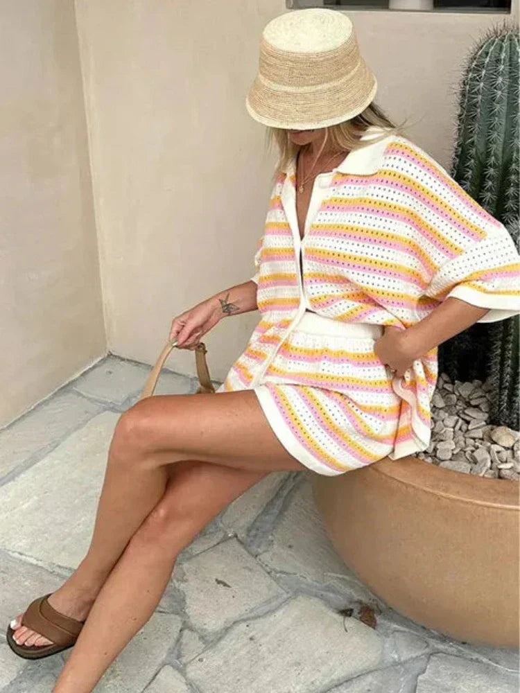 Ensemble Femme en Tricot à Rayures Contrastées - 2 Pièces