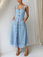 Robe Midi en Jean Décontractée avec Détails Boutonnés