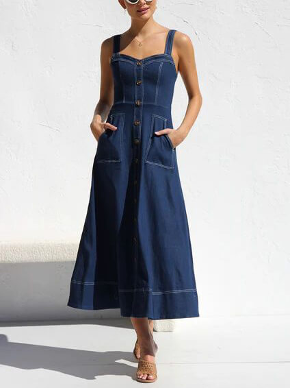 Robe Midi en Jean Décontractée avec Détails Boutonnés