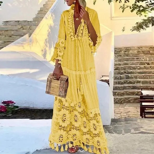 Maxi Robe en Dentelle avec Franges Style Boho Chic