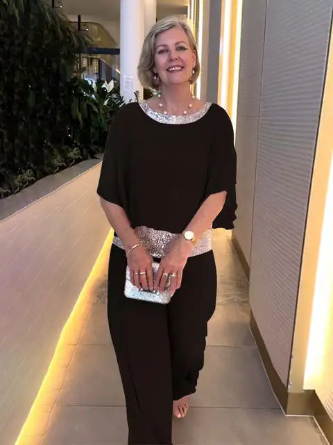 Ensemble de Soirée Chic : Top Brillant et Pantalons Palazzo