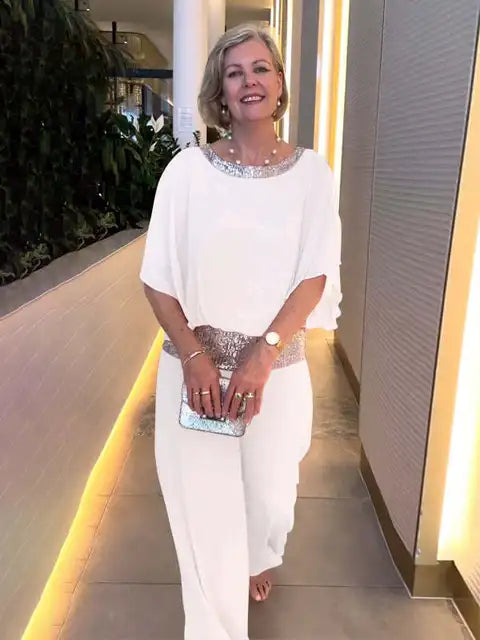 Ensemble de Soirée Chic : Top Brillant et Pantalons Palazzo