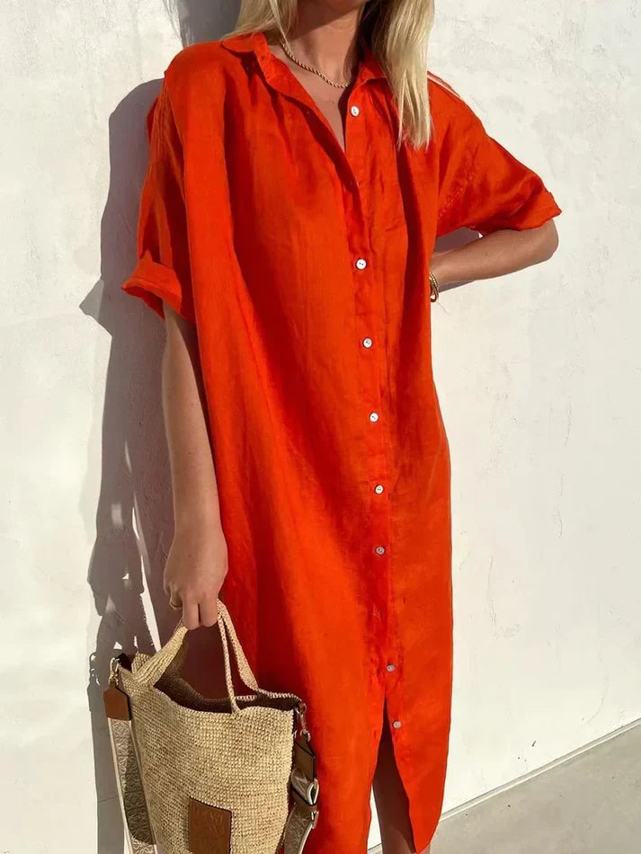 Robe élégante décontractée pour femmes avec manches larges et détails en boutons, en coton et lin