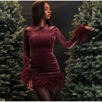 Robe Élégante Fourreau avec Manches en Plumes