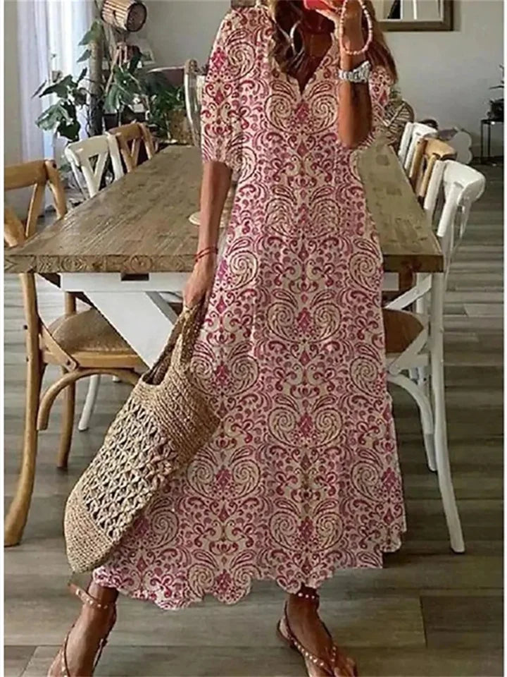 Robe Maxi Élégante avec Imprimé Floral en V
