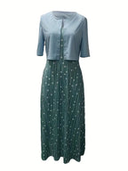 Ensemble Élégant de Robe Florale à Deux Pièces avec Top Court Uni et Col Rond