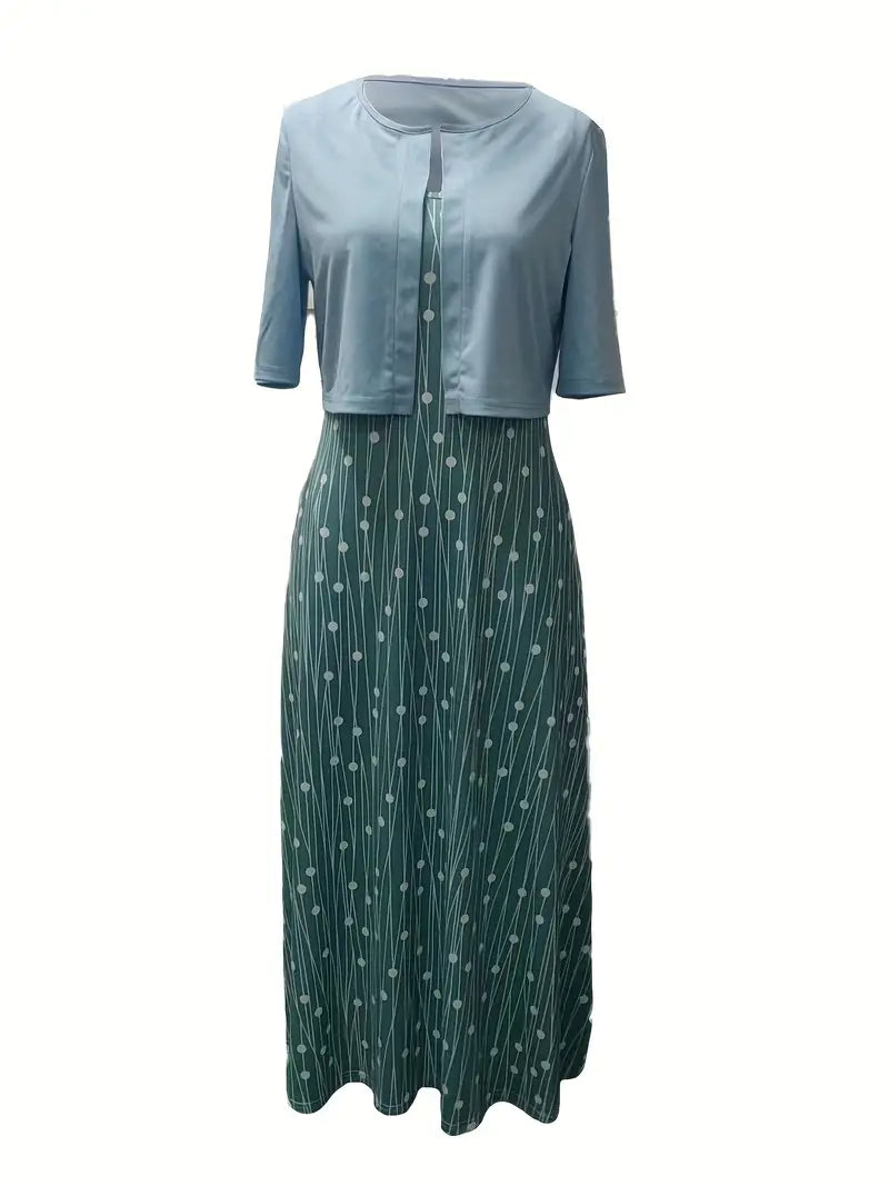 Ensemble Élégant de Robe Florale à Deux Pièces avec Top Court Uni et Col Rond