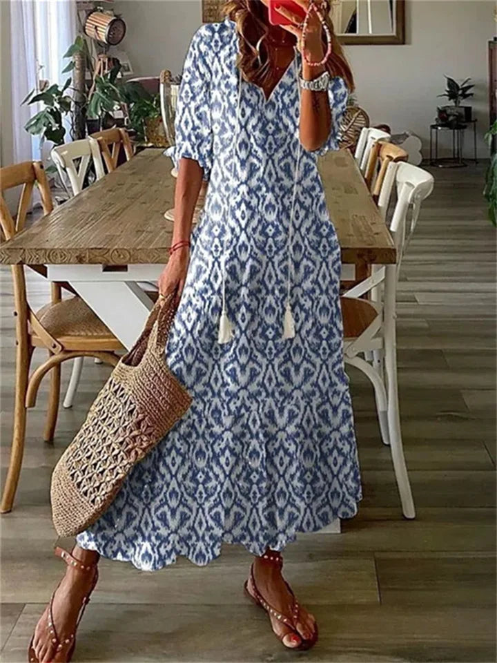 Robe Maxi Élégante avec Imprimé Floral en V
