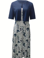 Ensemble Élégant de Robe Florale à Deux Pièces avec Top Court Uni et Col Rond