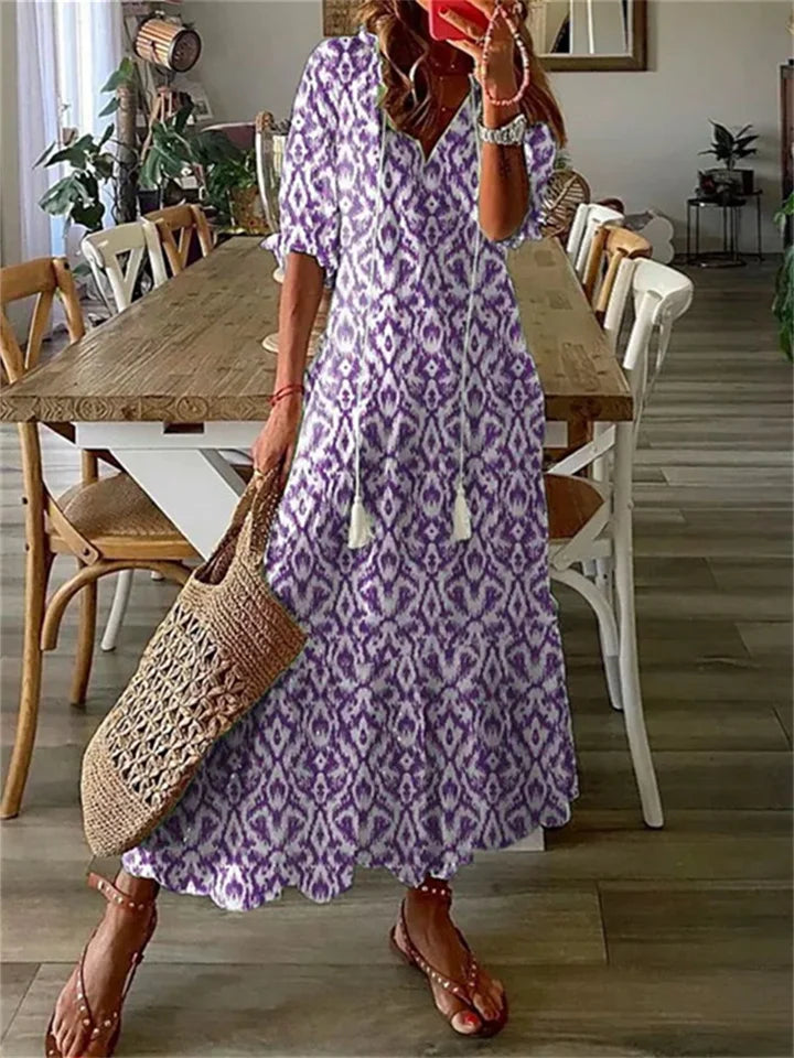 Robe Maxi Élégante avec Imprimé Floral en V