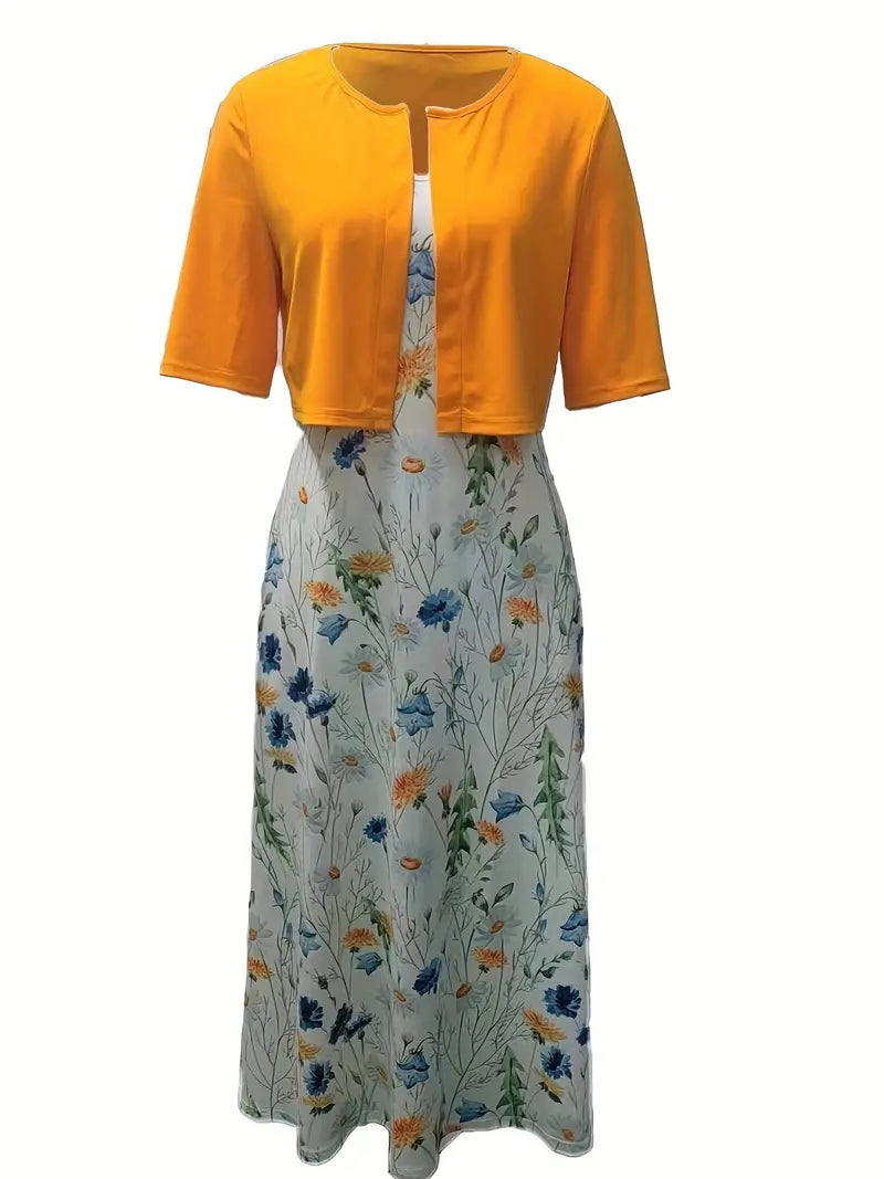 Ensemble Élégant de Robe Florale à Deux Pièces avec Top Court Uni et Col Rond